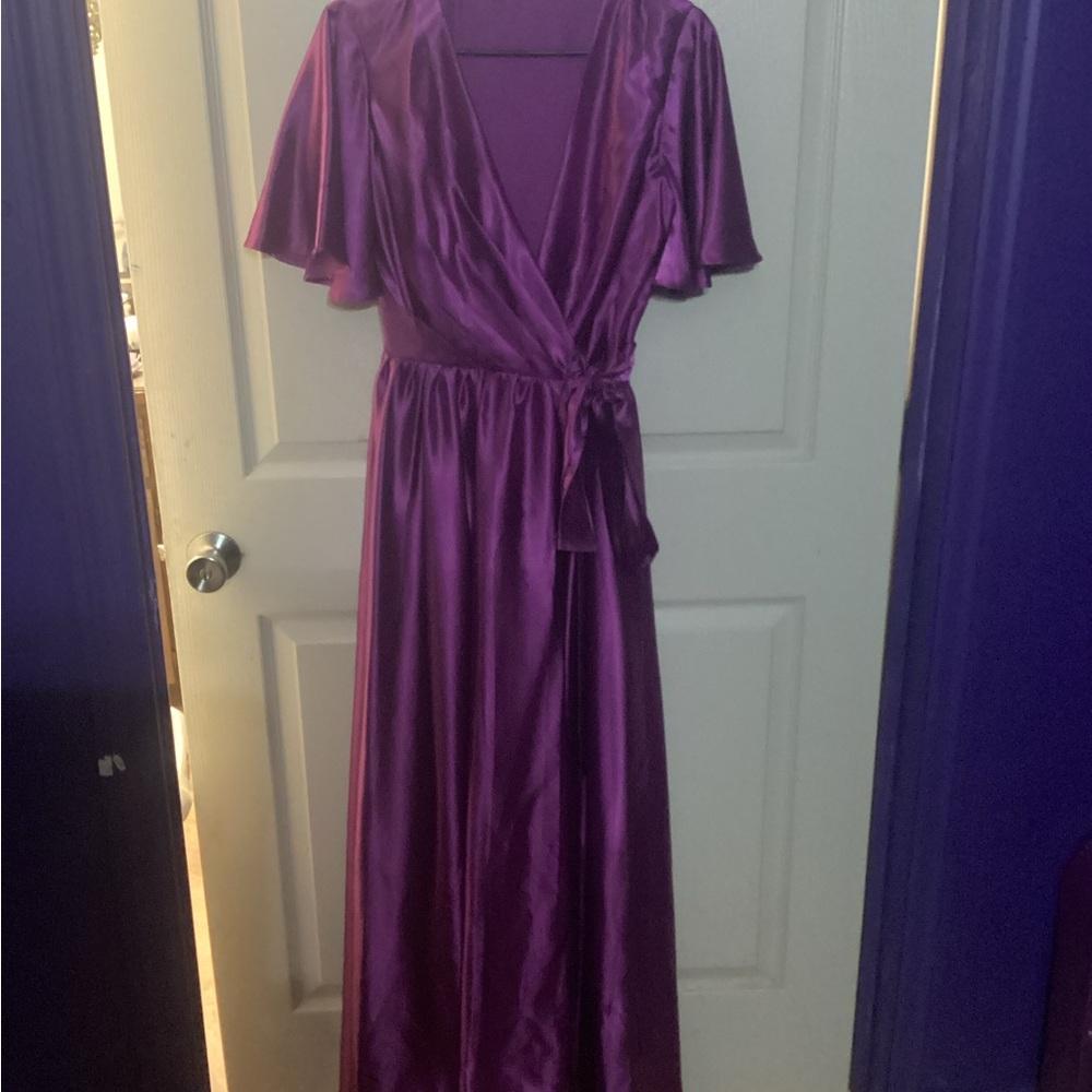 Elegant Satin Wrap Maxi Dress in Deep Purple